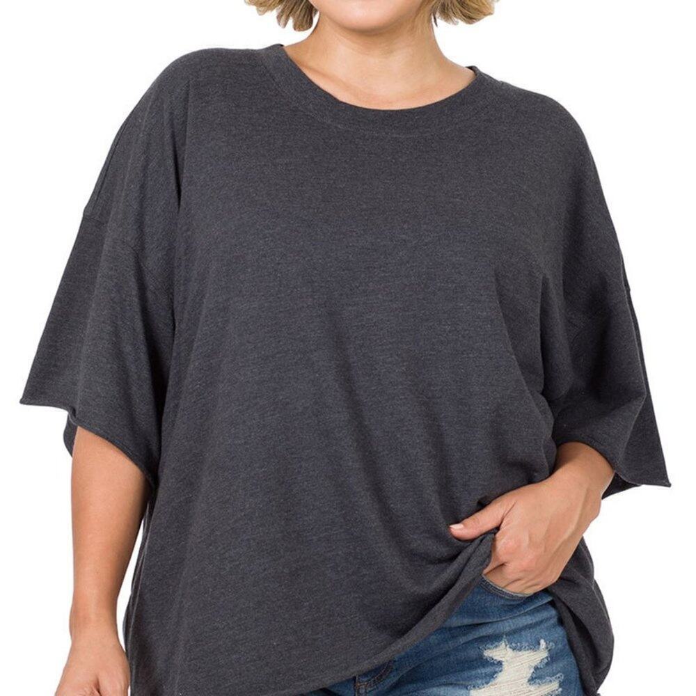 NEW ZENANA - PLUS FRENCH TERRY DROP SHOULDER RAW EDGE TOP - NEW IN BAG